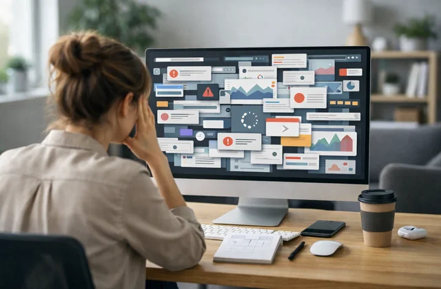 Інфографіка перевантаженого інтерфейсу цифрового продукту з помилками UX/UI дизайну