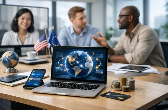 Ілюстрація цифрових міжнародних платежів між компаніями та віддаленої співпраці бізнесу