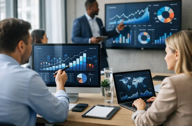 Команда аналізує дашборд з графіками Big Data у бізнесі