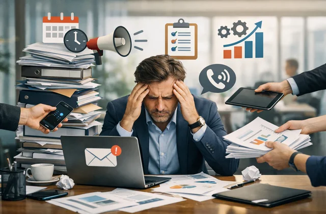 Інфографіка перевантаженого підприємця серед операційних задач у бізнесі та менеджменті