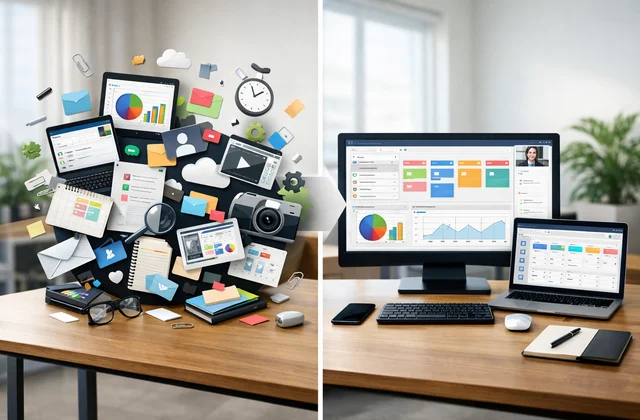 Інфографіка переходу від хаотичних інструментів до єдиного digital workspace