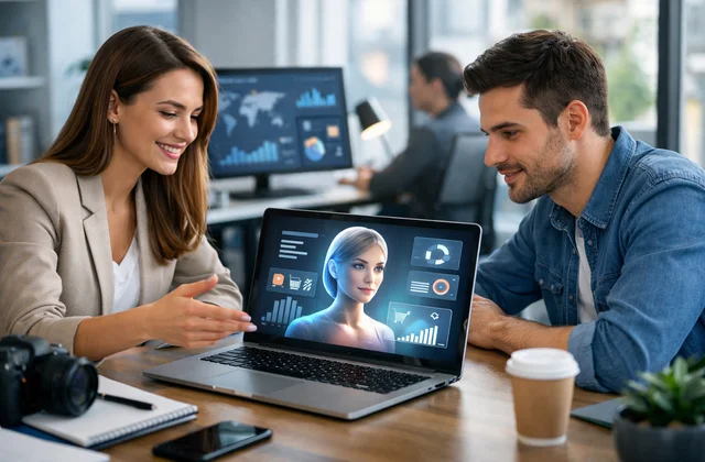 Маркетолог працює з AI-асистентом для автоматизації digital-маркетингу на ноутбуці