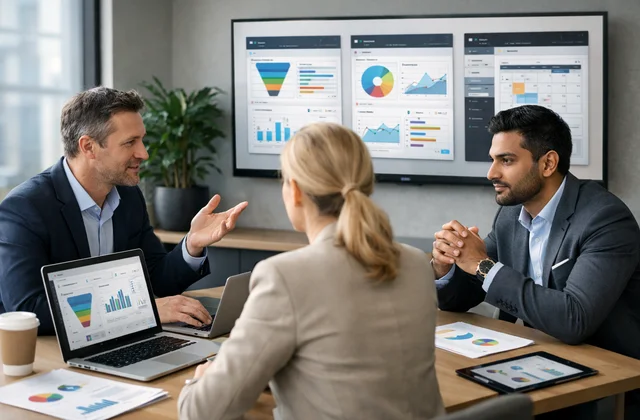 Команда менеджерів аналізує вибір CRM системи для цифрової трансформації компанії