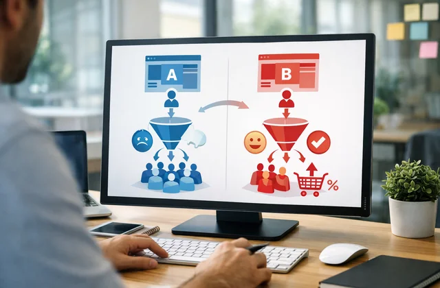 Стилізована інфографіка процесу A/B тестування для оптимізації digital-продуктів і маркетингу