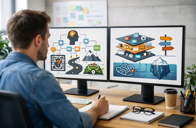 Стилізована інфографіка структури UX і навігації в складних цифрових продуктах