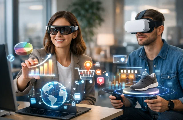 Бізнес-команда взаємодіє з 3D рекламою через AR та VR технології