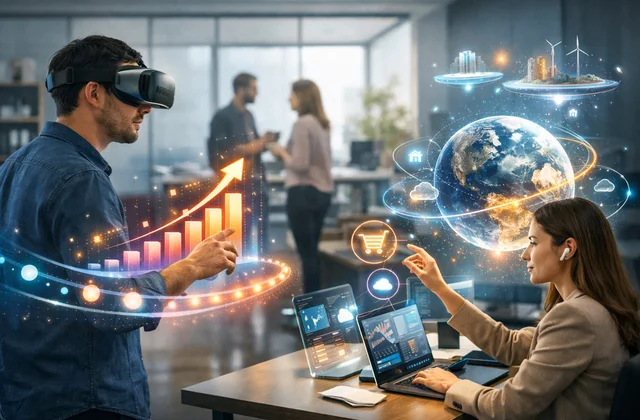 Абстрактна 3D взаємодія брендів і користувачів у VR маркетингу
