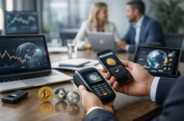 Бізнес ілюстрація криптовалютних платежів у блокчейн інфраструктурі фінансові технології