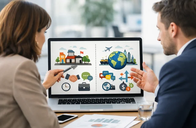 Інфографіка різниці локальної та міжнародної бізнес-комунікації у B2B маркетингу