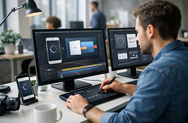 Дизайнер створює анімацію інтерфейсів для сучасного UX/UI цифрового продукту